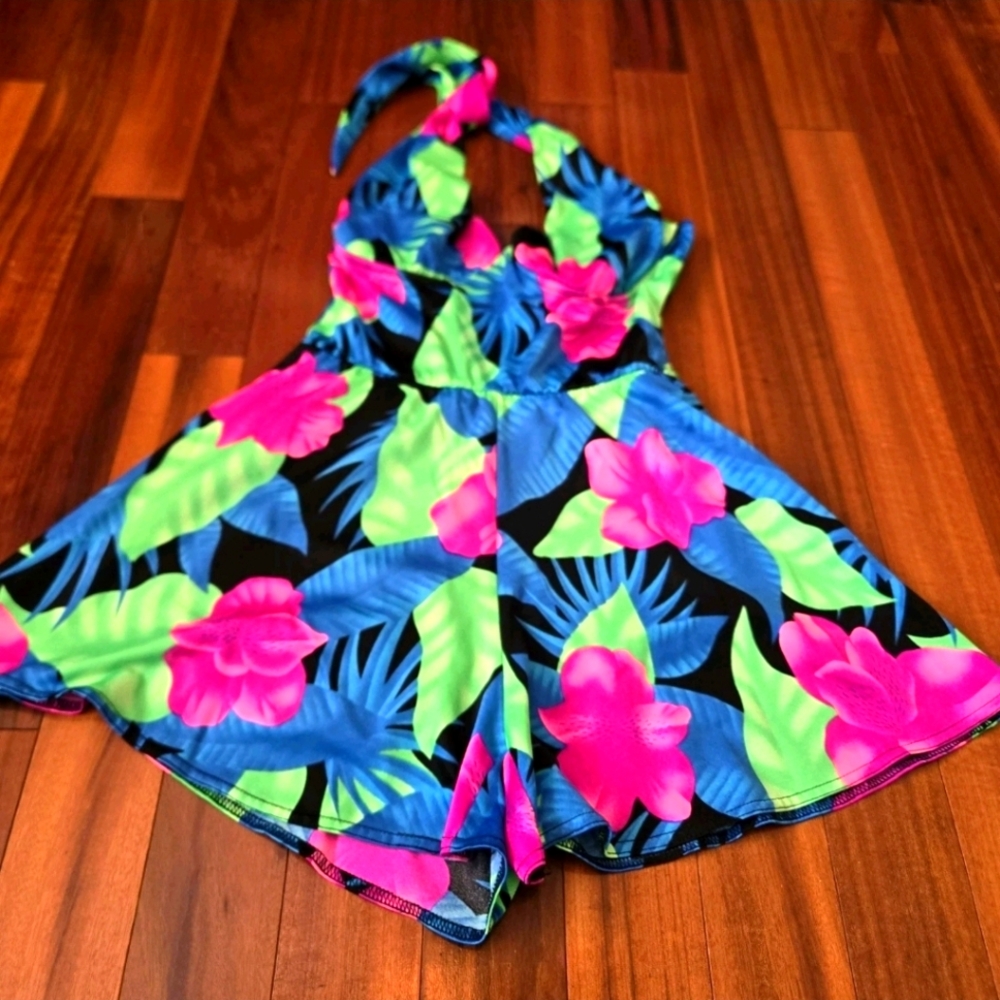 Vintage 80s Vibrant Women's 10 Floral Halter Swimsuit Tropical Palm Leaves